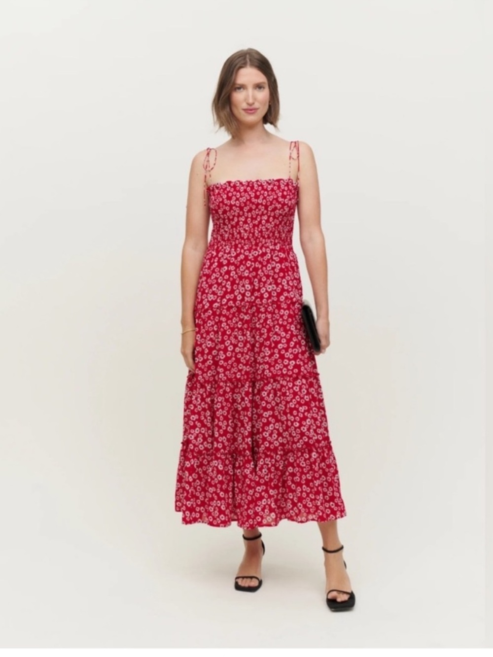 Reformation Nira Red Floral Smocked Midi Dress Size S